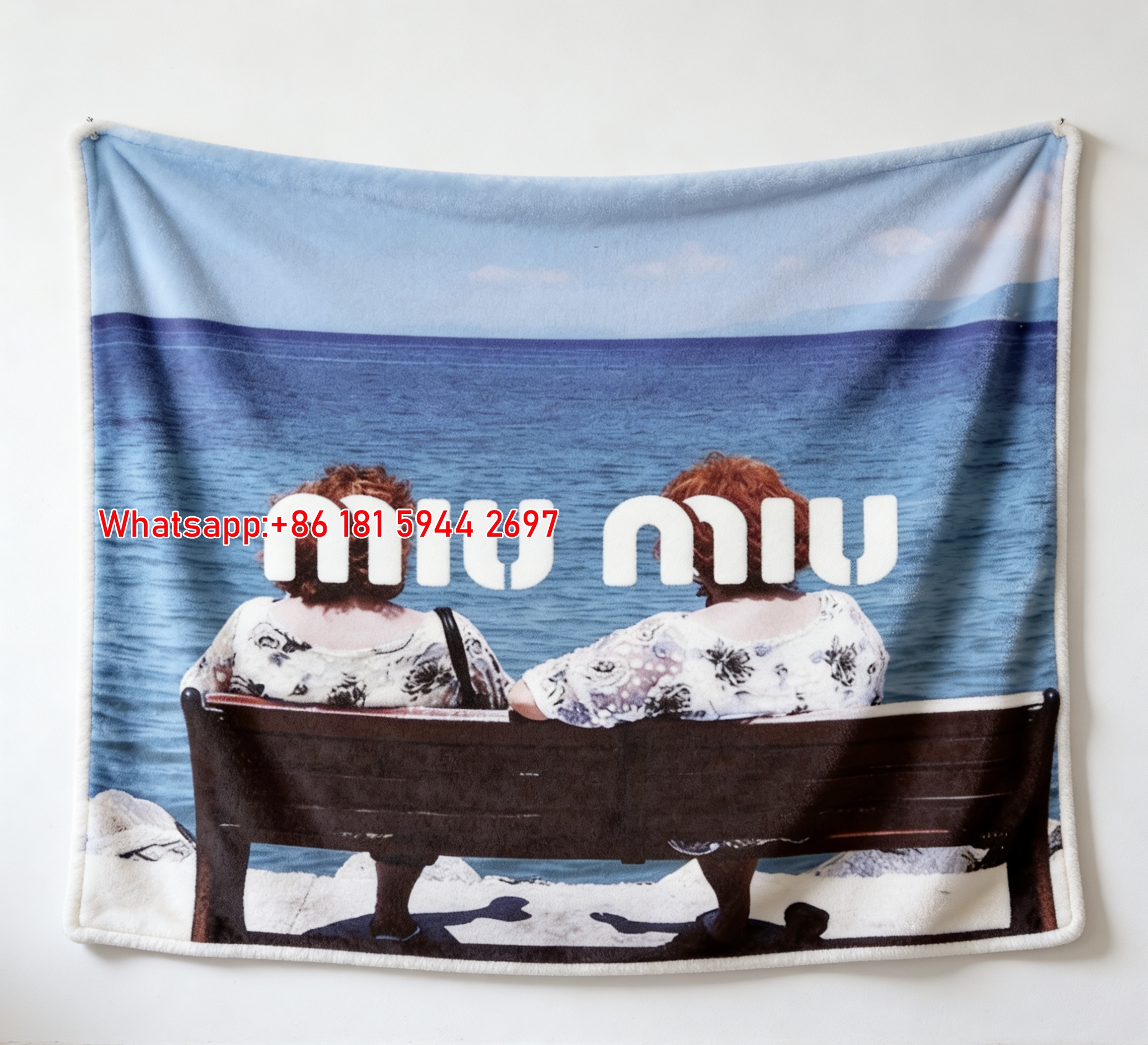 Miu Miu Ocean Blue & White Coastal Scene Flannel Throw Blanket IMG_0571